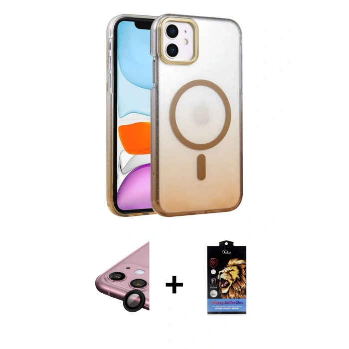 MARSİLYAN™- iPhone 11 Kılıf Ahenk Doku Özel Seri - Siyah Buffer Hayalet Cam Ekran Koruyucu + Raze Metal Kamera Lens - SH