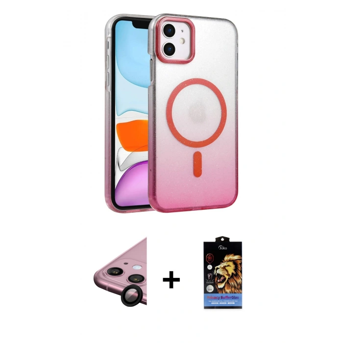 MARSİLYAN™- iPhone 11 Kılıf Ahenk Doku Özel Seri - Siyah Buffer Hayalet Cam Ekran Koruyucu + Raze Metal Kamera Lens - SH