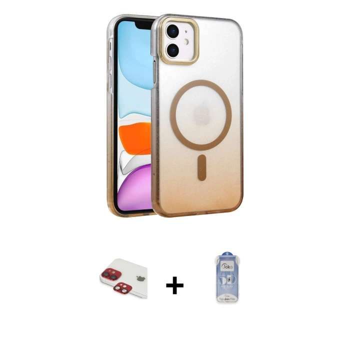 MARSİLYAN™- iPhone 11 Kılıf Ahenk Doku Özel Seri - Siyah Joko Magic 5D Cam + Kırmızı Pers Alüminyum Kamera Lens
