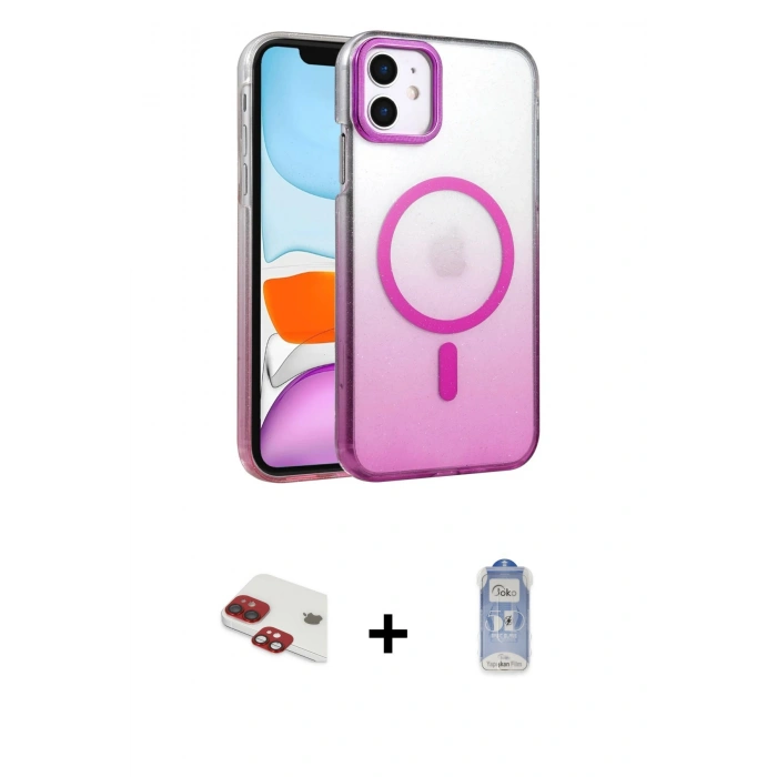 MARSİLYAN™- iPhone 11 Kılıf Ahenk Doku Özel Seri - Siyah Joko Magic 5D Cam + Kırmızı Pers Alüminyum Kamera Lens