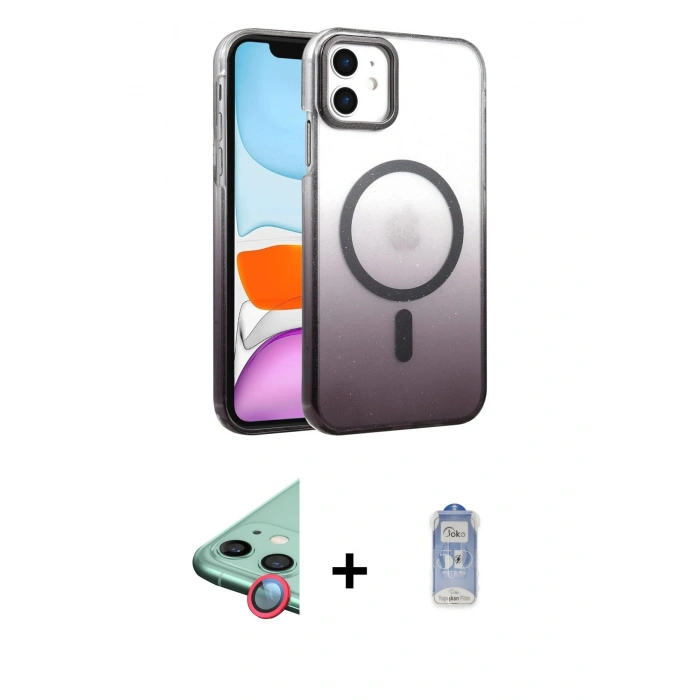 MARSİLYAN™- iPhone 11 Kılıf Ahenk Doku Özel Seri - Siyah Joko Magic 5D Cam + Raze Metal Kamera Lens - KI