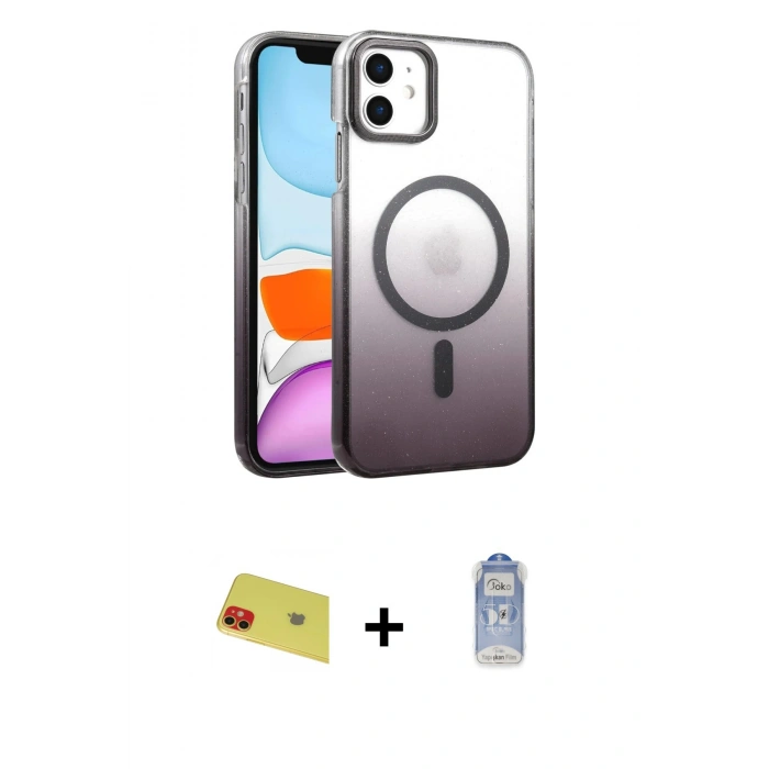 MARSİLYAN™- iPhone 11 Kılıf Ahenk Doku Özel Seri - Siyah Joko Magic 5D Cam + Rainbow Kamera Lens Koruma Cam - KI
