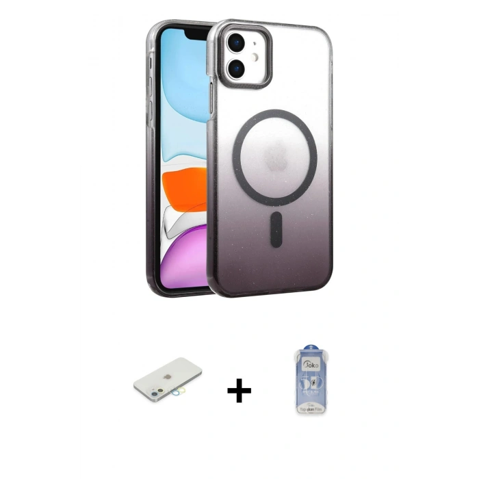 MARSİLYAN™- iPhone 11 Kılıf Ahenk Doku Özel Seri - Siyah Joko Magic 5D Cam + Renkli Kamera Lens Koruma Cam - SI
