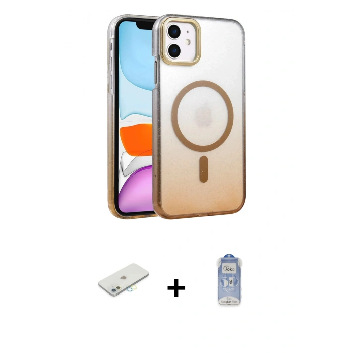 MARSİLYAN™- iPhone 11 Kılıf Ahenk Doku Özel Seri - Siyah Joko Magic 5D Cam + Renkli Kamera Lens Koruma Cam - SI
