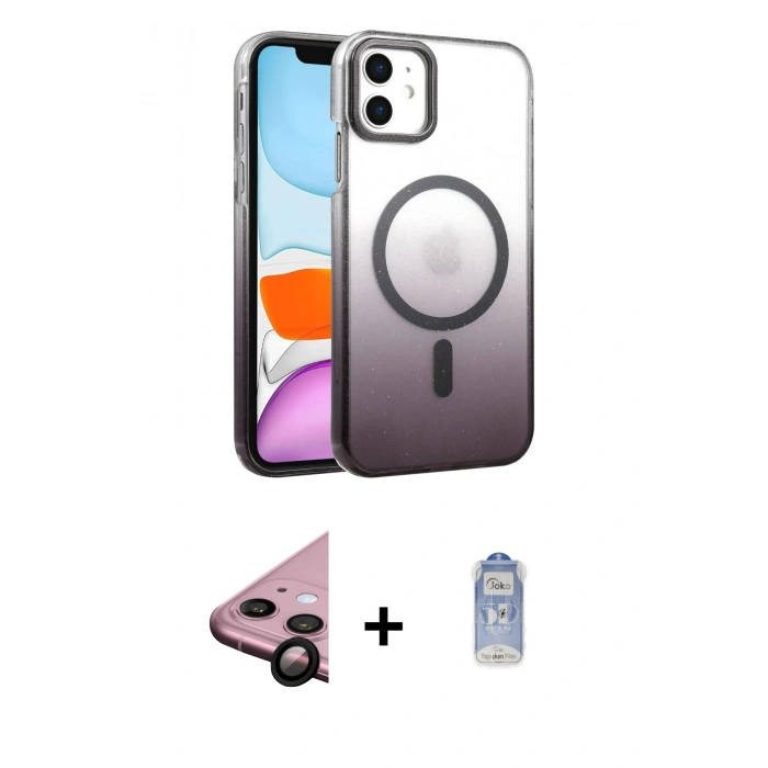 MARSİLYAN™- iPhone 11 Kılıf Ahenk Doku Özel Seri - Siyah Joko Magic 5D Cam + Raze Metal Kamera Lens - SH