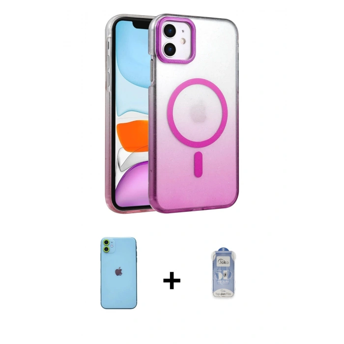 MARSİLYAN™- iPhone 11 Kılıf Ahenk Doku Özel Seri - Siyah Joko Magic 5D Cam + Neon Fosforlu Kamera Lens - YL
