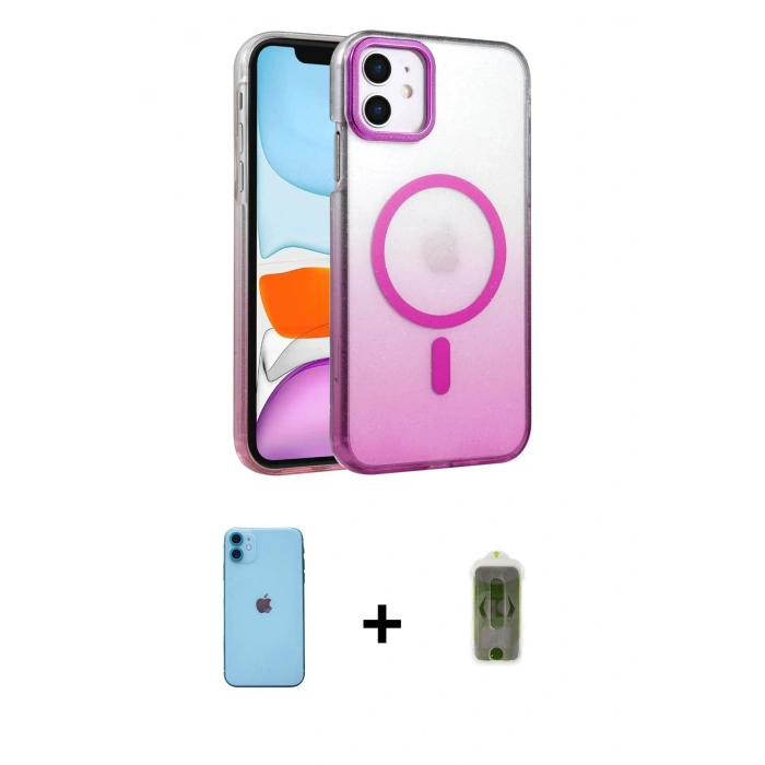 MARSİLYAN™- iPhone 11 Kılıf Ahenk Doku Özel Seri - Siyah Joko Magic 5D Hayalet Cam + Mavi Neon Fosforlu Kamera Lens