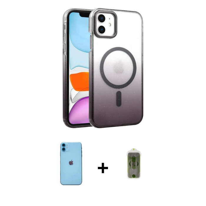 MARSİLYAN™- iPhone 11 Kılıf Ahenk Doku Özel Seri - Siyah Joko Magic 5D Hayalet Cam + Mavi Neon Fosforlu Kamera Lens