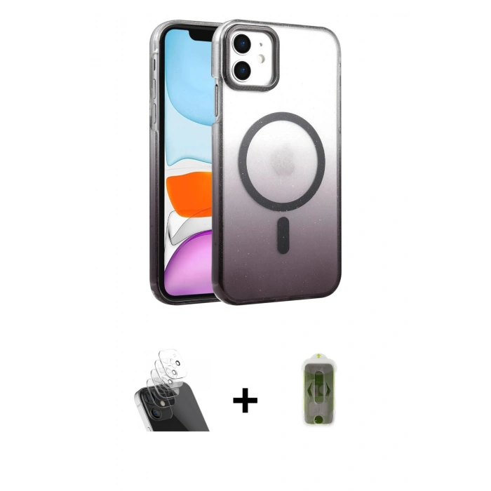 MARSİLYAN™- iPhone 11 Kılıf Ahenk Doku Özel Seri - Siyah Joko Magic 5D Hayalet Cam + Kamera Lens Koruma Cam - SF