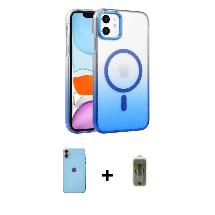 MARSİLYAN™- iPhone 11 Kılıf Ahenk Doku Özel Seri - Siyah Joko Magic 5D Hayalet Cam + Turuncu Neon Fosforlu Kamera Lens