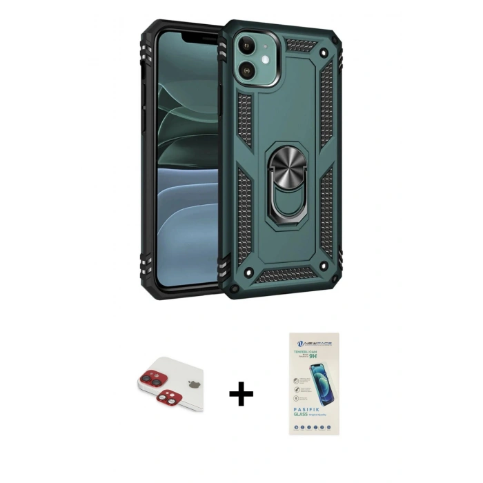 MARSİLYAN™- iPhone 11 Kılıf Ahenk Klasik Koleksiyonu - Şeffaf Pasifik Cam Ekran Koruyucu + Pers Alüminyum Kamera Lens - KI