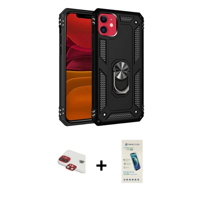 MARSİLYAN™- iPhone 11 Kılıf Ahenk Klasik Koleksiyonu - Şeffaf Pasifik Cam Ekran Koruyucu + Pers Alüminyum Kamera Lens - KI