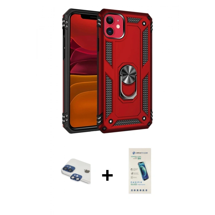 MARSİLYAN™- iPhone 11 Kılıf Ahenk Klasik Koleksiyonu - Şeffaf Pasifik Cam Ekran Koruyucu + Pers Alüminyum Kamera Lens - LT