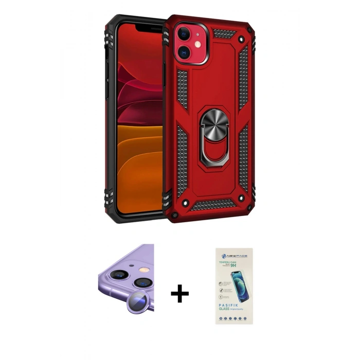 MARSİLYAN™- iPhone 11 Kılıf Ahenk Klasik Koleksiyonu - Şeffaf Pasifik Cam Ekran Koruyucu + Raze Metal Kamera Lens - MR