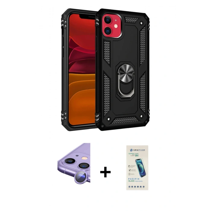 MARSİLYAN™- iPhone 11 Kılıf Ahenk Klasik Koleksiyonu - Şeffaf Pasifik Cam Ekran Koruyucu + Raze Metal Kamera Lens - MR