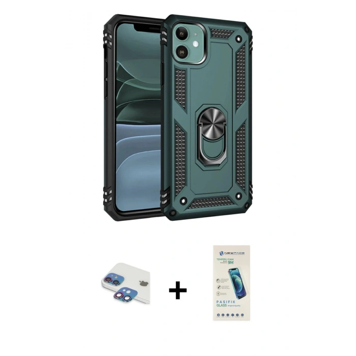 MARSİLYAN™- iPhone 11 Kılıf Ahenk Klasik Koleksiyonu - Şeffaf Pasifik Cam Ekran Koruyucu + Pers Alüminyum Kamera Lens - GI