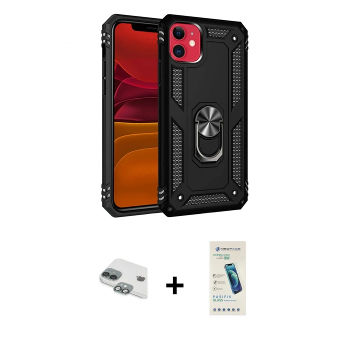 MARSİLYAN™- iPhone 11 Kılıf Ahenk Klasik Koleksiyonu - Şeffaf Pasifik Cam Ekran Koruyucu + Pers Alüminyum Kamera Lens - YL