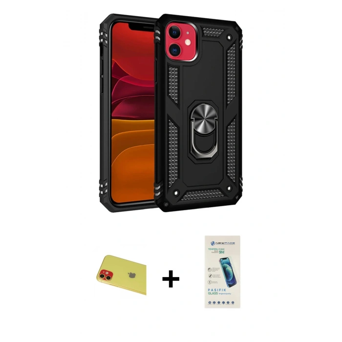 MARSİLYAN™- iPhone 11 Kılıf Ahenk Klasik Koleksiyonu - Şeffaf Pasifik Cam Ekran Koruyucu + Rainbow Kamera Lens Koruma Cam - KI