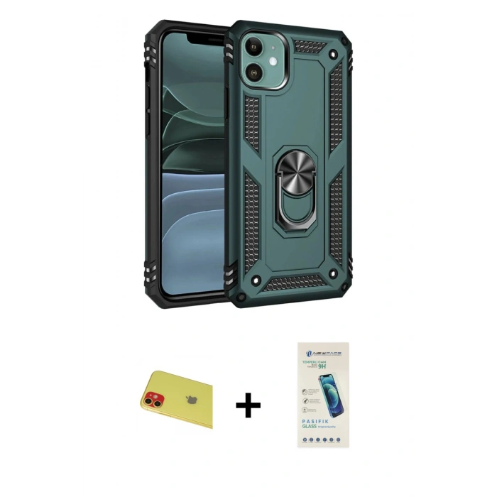 MARSİLYAN™- iPhone 11 Kılıf Ahenk Klasik Koleksiyonu - Şeffaf Pasifik Cam Ekran Koruyucu + Rainbow Kamera Lens Koruma Cam - KI