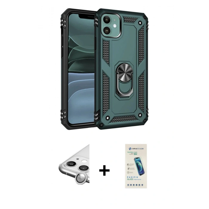 MARSİLYAN™- iPhone 11 Kılıf Ahenk Klasik Koleksiyonu - Şeffaf Pasifik Cam Ekran Koruyucu + Raze Metal Kamera Lens - GS