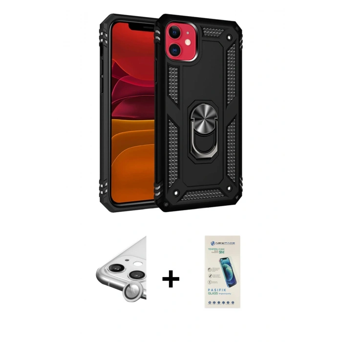 MARSİLYAN™- iPhone 11 Kılıf Ahenk Klasik Koleksiyonu - Şeffaf Pasifik Cam Ekran Koruyucu + Raze Metal Kamera Lens - GS