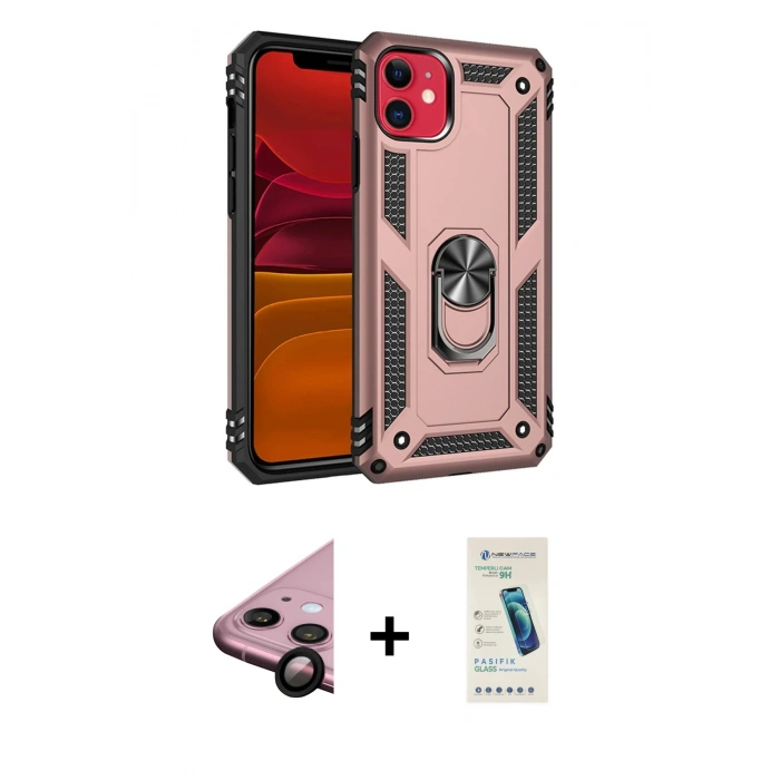 MARSİLYAN™- iPhone 11 Kılıf Ahenk Klasik Koleksiyonu - Şeffaf Pasifik Cam Ekran Koruyucu + Raze Metal Kamera Lens - SH