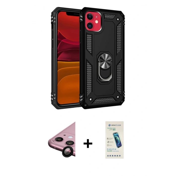 MARSİLYAN™- iPhone 11 Kılıf Ahenk Klasik Koleksiyonu - Şeffaf Pasifik Cam Ekran Koruyucu + Raze Metal Kamera Lens - SH