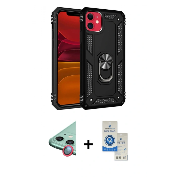 MARSİLYAN™- iPhone 11 Kılıf Ahenk Klasik Koleksiyonu - Şeffaf Royal Nano Ekran Koruyucu + Raze Metal Kamera Lens - KI