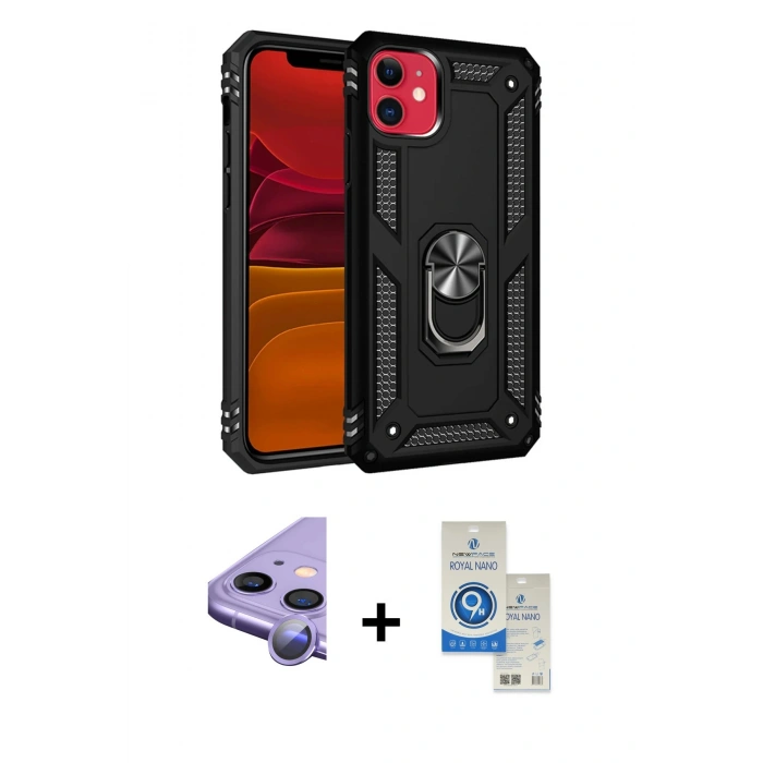 MARSİLYAN™- iPhone 11 Kılıf Ahenk Klasik Koleksiyonu - Şeffaf Royal Nano Ekran Koruyucu + Raze Metal Kamera Lens - MR