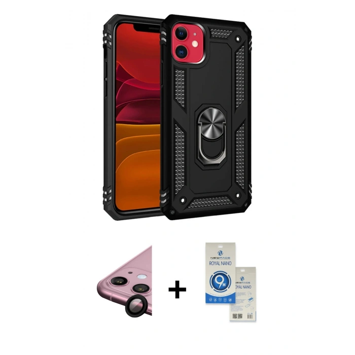 MARSİLYAN™- iPhone 11 Kılıf Ahenk Klasik Koleksiyonu - Şeffaf Royal Nano Ekran Koruyucu + Raze Metal Kamera Lens - SH
