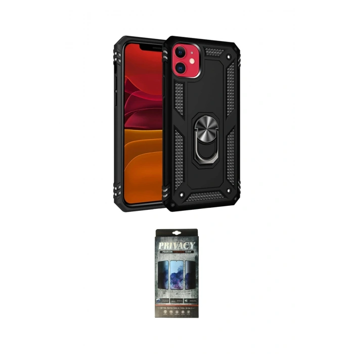 MARSİLYAN™- iPhone 11 Kılıf Ahenk Klasik Koleksiyonu - Siyah 34D Hayalet Izgaralı Cam