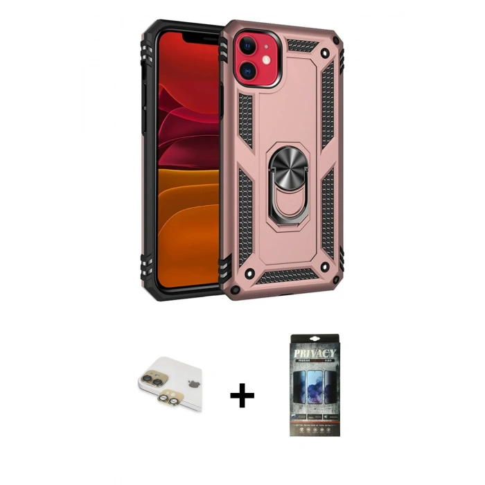 MARSİLYAN™- iPhone 11 Kılıf Ahenk Klasik Koleksiyonu - Siyah 34D Hayalet Izgaralı Cam + Pers Alüminyum Kamera Lens - GD