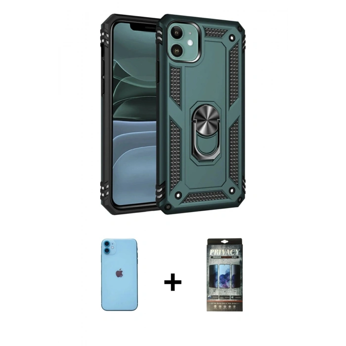 MARSİLYAN™- iPhone 11 Kılıf Ahenk Klasik Koleksiyonu - Siyah 34D Hayalet Izgaralı Cam + Neon Fosforlu Kamera Lens - MI