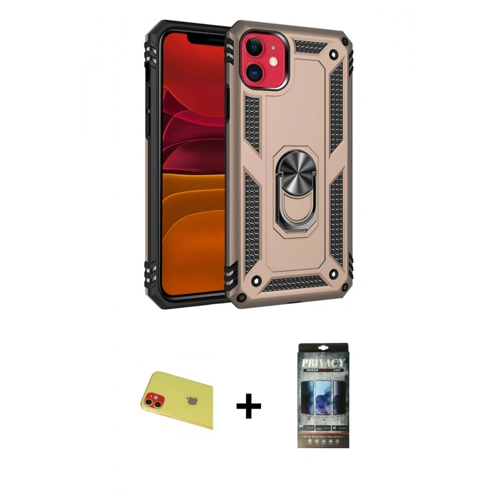 MARSİLYAN™- iPhone 11 Kılıf Ahenk Klasik Koleksiyonu - Siyah 34D Hayalet Izgaralı Cam + Rainbow Kamera Lens Koruma Cam - KI