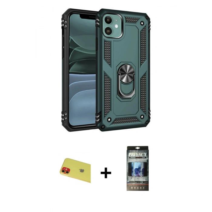 MARSİLYAN™- iPhone 11 Kılıf Ahenk Klasik Koleksiyonu - Siyah 34D Hayalet Izgaralı Cam + Rainbow Kamera Lens Koruma Cam - KI