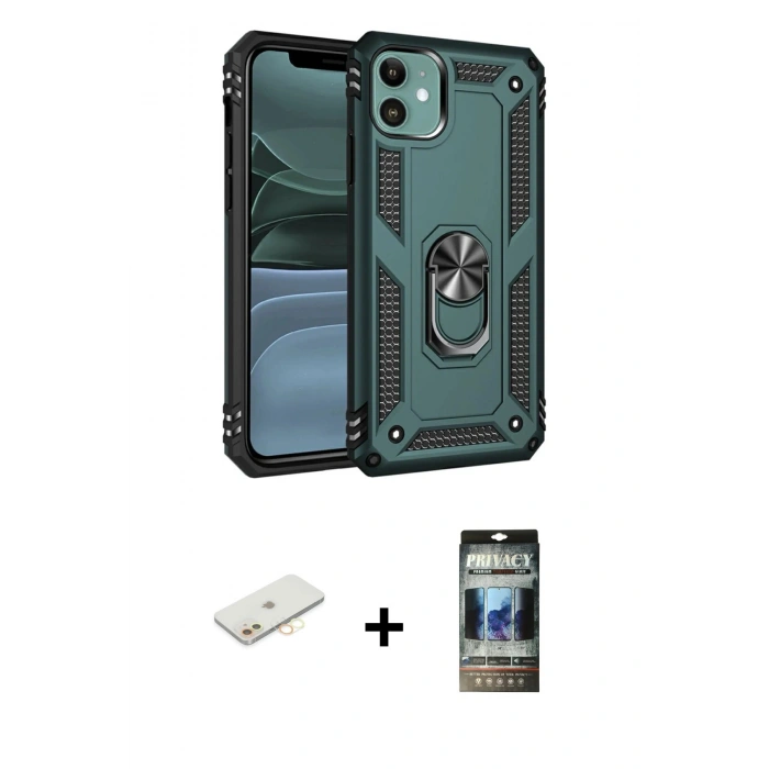 MARSİLYAN™- iPhone 11 Kılıf Ahenk Klasik Koleksiyonu - Siyah 34D Hayalet Izgaralı Cam + Renkli Kamera Lens Koruma Cam - SI