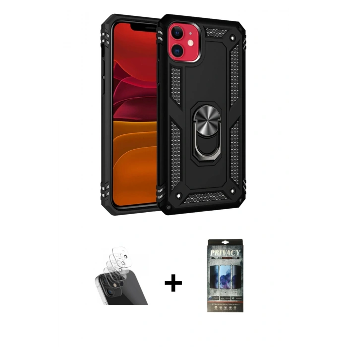 MARSİLYAN™- iPhone 11 Kılıf Ahenk Klasik Koleksiyonu - Siyah 34D Hayalet Izgaralı Cam + Kamera Lens Koruma Cam - SF