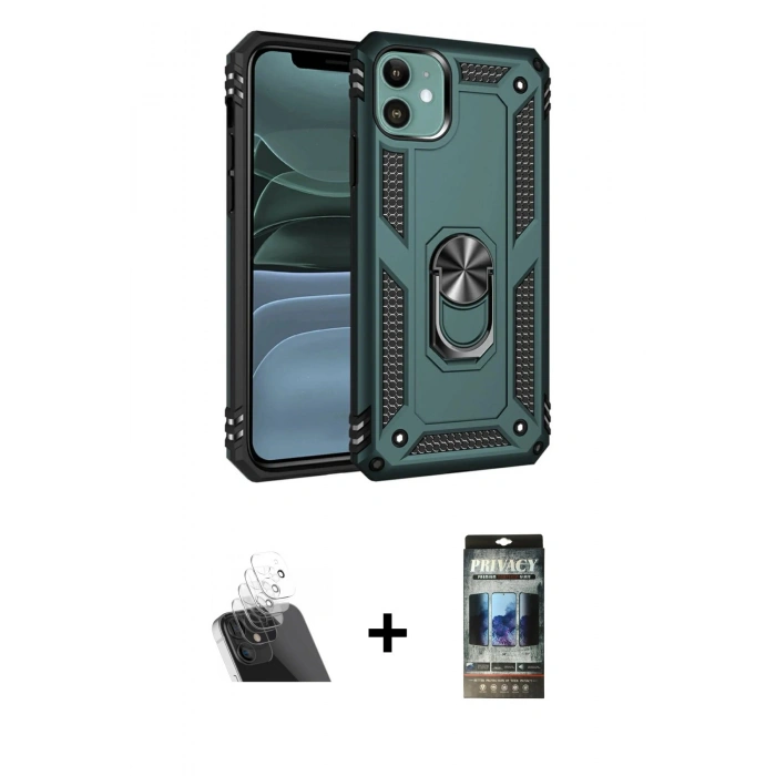 MARSİLYAN™- iPhone 11 Kılıf Ahenk Klasik Koleksiyonu - Siyah 34D Hayalet Izgaralı Cam + Kamera Lens Koruma Cam - SF