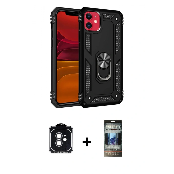 MARSİLYAN™- iPhone 11 Kılıf Ahenk Klasik Koleksiyonu - Siyah 34D Hayalet Izgaralı Cam + PVD Metal Kamera Lens - SH