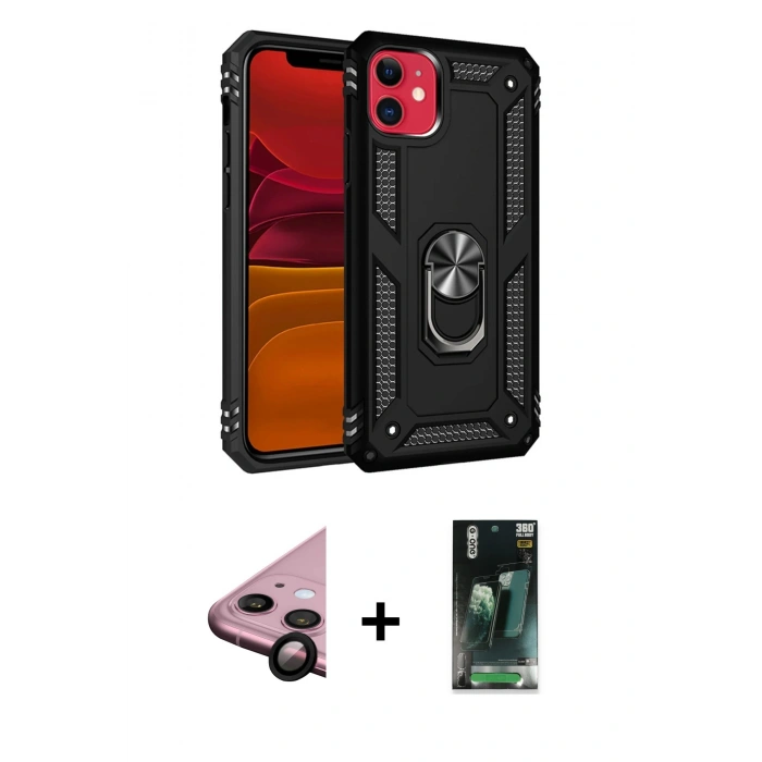 MARSİLYAN™- iPhone 11 Kılıf Ahenk Klasik Koleksiyonu - Siyah 360 Mat Full Body Arka Koruyucu + Raze Metal Kamera Lens - SH