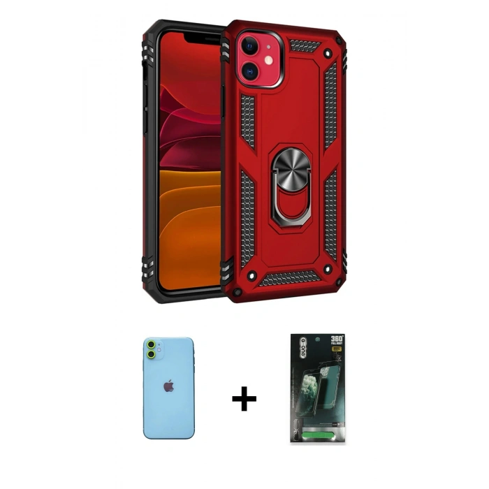 MARSİLYAN™- iPhone 11 Kılıf Ahenk Klasik Koleksiyonu - Siyah 360 Mat Full Body Arka Koruyucu + Neon Fosforlu Kamera Lens - YL