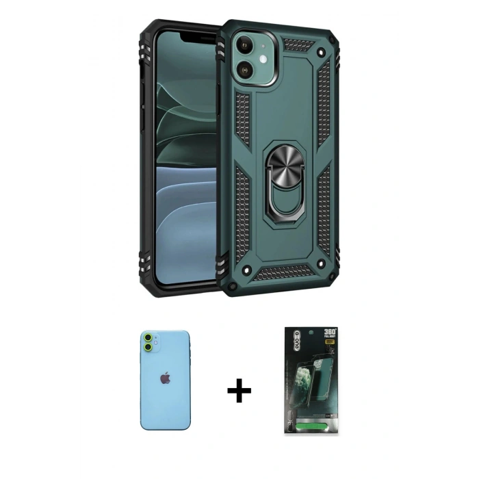 MARSİLYAN™- iPhone 11 Kılıf Ahenk Klasik Koleksiyonu - Siyah 360 Mat Full Body Arka Koruyucu + Neon Fosforlu Kamera Lens - YL