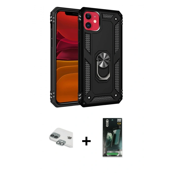 MARSİLYAN™- iPhone 11 Kılıf Ahenk Klasik Koleksiyonu - Siyah 360 Mat Full Body Arka Koruyucu + Pers Alüminyum Kamera Lens - YL