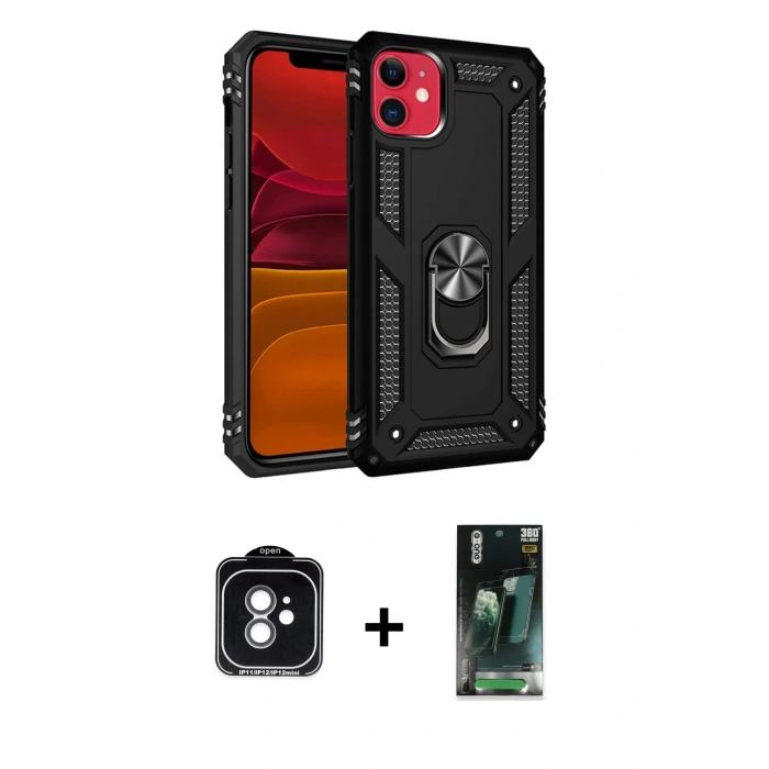 MARSİLYAN™- iPhone 11 Kılıf Ahenk Klasik Koleksiyonu - Siyah 360 Mat Full Body Arka Koruyucu + PVD Metal Kamera Lens - YL