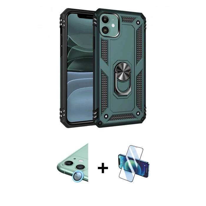 MARSİLYAN™- iPhone 11 Kılıf Ahenk Klasik Koleksiyonu - Siyah 3D Antistatik Cam Ekran Koruyucu + Raze Metal Kamera Lens - MI