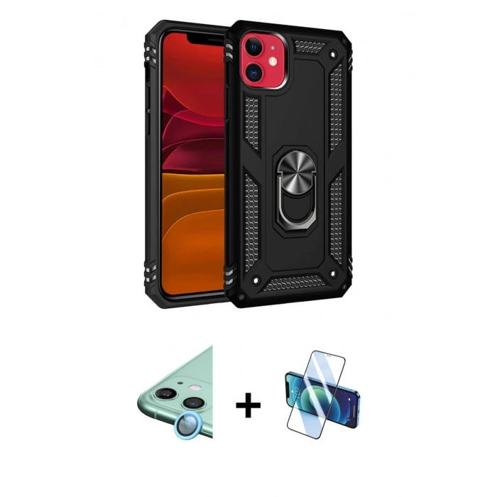 MARSİLYAN™- iPhone 11 Kılıf Ahenk Klasik Koleksiyonu - Siyah 3D Antistatik Cam Ekran Koruyucu + Raze Metal Kamera Lens - MI