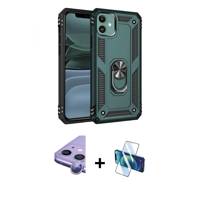 MARSİLYAN™- iPhone 11 Kılıf Ahenk Klasik Koleksiyonu - Siyah 3D Antistatik Cam Ekran Koruyucu + Raze Metal Kamera Lens - MR