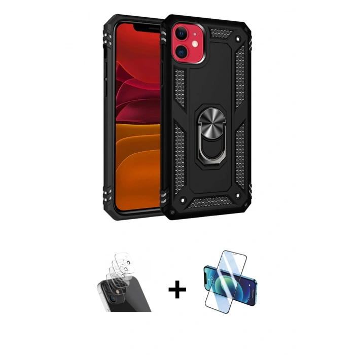 MARSİLYAN™- iPhone 11 Kılıf Ahenk Klasik Koleksiyonu - Siyah 3D Antistatik Cam Ekran Koruyucu + Kamera Lens Koruma Cam - SF
