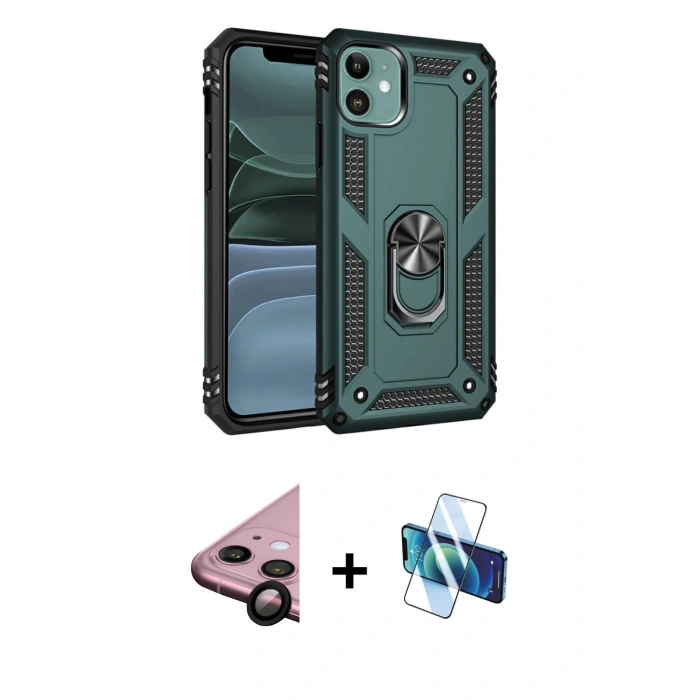 MARSİLYAN™- iPhone 11 Kılıf Ahenk Klasik Koleksiyonu - Siyah 3D Antistatik Cam Ekran Koruyucu + Raze Metal Kamera Lens - SH