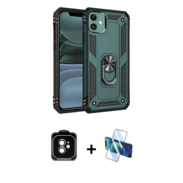MARSİLYAN™- iPhone 11 Kılıf Ahenk Klasik Koleksiyonu - Siyah 3D Antistatik Cam Ekran Koruyucu + PVD Metal Kamera Lens - TU